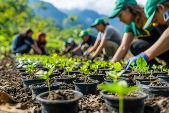 Volunteers planting seedlings in pots at a community garden in a lush green environment during a sunny afternoon in the mountains