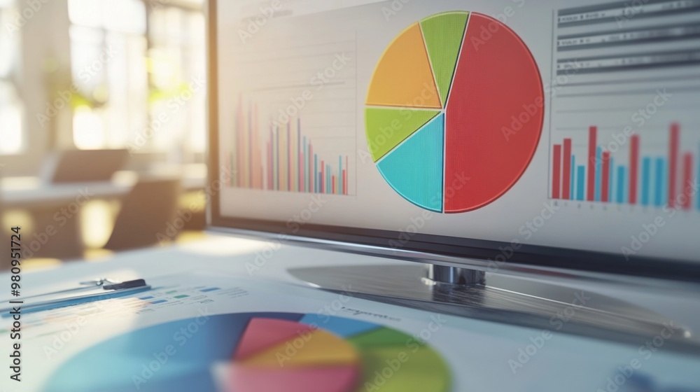 Poster A close-up of a financial pie chart displayed on a computer screen, with segments highlighting different data categories, set in a modern office environment.