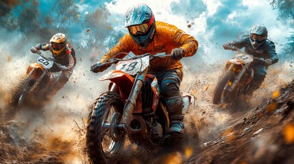 Vibrant motocross racers race through challenging terrain, creating an exciting spectacle