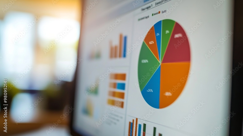 Poster A close-up of a financial pie chart displayed on a computer screen, with segments highlighting different data categories, set in a modern office environment.