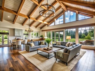 Modernized ranch house renovation showcasing open-concept living area with vaulted ceilings, exposed beams, and large