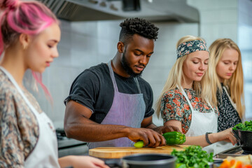 Cooking class at a culinary school where diverse students prepare fresh vegetables during an afternoon workshop
