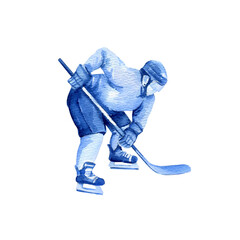 hockey player with sticks bent down to throw the puck, hand drawn watercolor sketch of ice sport theme, illustration on white background, for hockey decoration