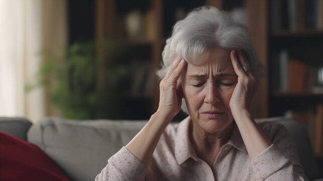 woman having migraine pain, headache symptom, feeling unhealthy, suffering from dizzy when sitting on sofa. Generative Ai illustration
