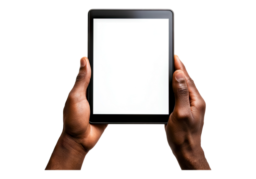 Hand touching blank screen of black tablet. Transparent background, Isolated PNG. - Powered by Adobe