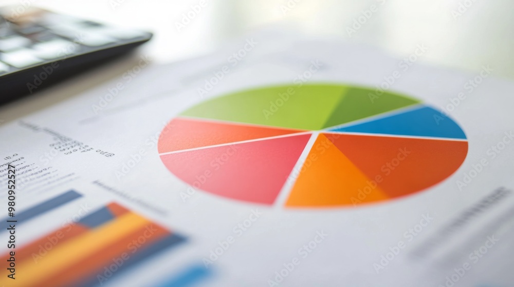 Leinwandbilder A close-up of a financial pie chart on a printed report, with distinct color segments representing different financial categories, placed on a clean white desk.