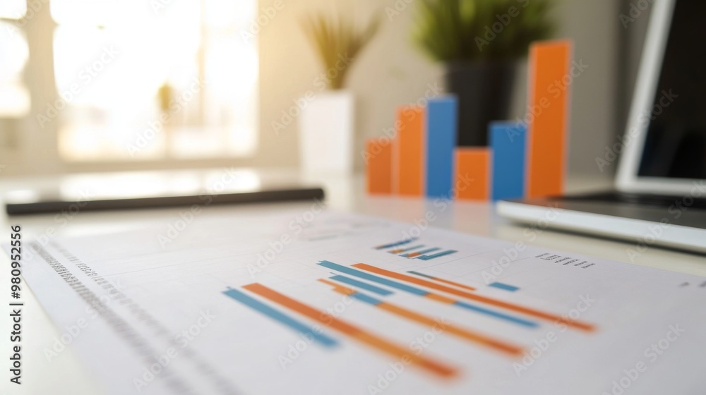 Fototapete A close-up of a financial report with multiple bar charts and performance metrics, emphasizing detailed data analysis and business insights on a clean white desk.