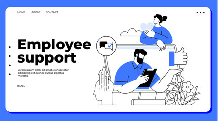 A professional setting with a man using a tablet, a woman with a heart icon, and various supportive elements Ideal for employee support team collaboration remote work wellness programs digital