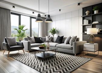 Monochromatic sophistication fills a modern living room featuring sleek black and white furniture, accented with