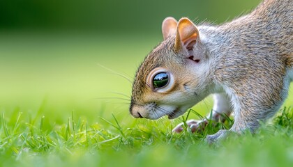 Obraz premium A close-up of a squirrel nibbling on a patch of fresh green grass, focusing on its tiny paws and the vibrant green surroundings.