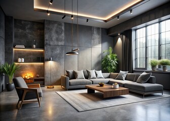 Fototapeta premium Moody, high-ceilinged living room with sleek charcoal walls, polished concrete floors, and minimalist decor,