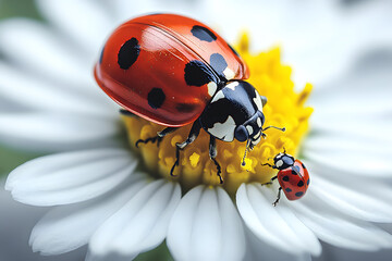 Obraz premium one white chamomile on white background, and a little ladybug sits on the white petals