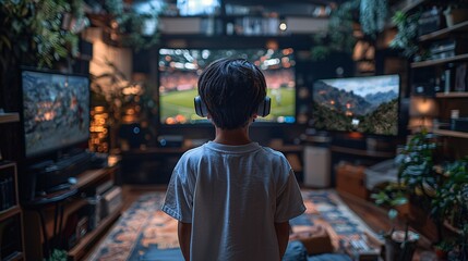 Fototapeta premium Render an Asian boy standing with hand controllers, playing a virtual rugby game in his high-tech living room