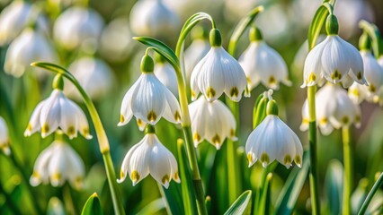 Fototapeta premium In early spring's gentle light, a carpet of white leucojum blooms unfurls, bell-shaped petals swaying softly in the