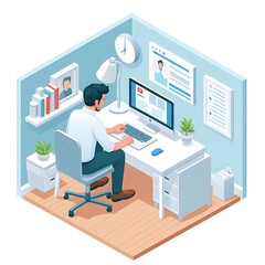 A man working with laptop at desk in flat isometric vector illustration