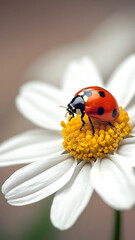 Obraz premium one white chamomile on white background, and a little ladybug sits on the white petals