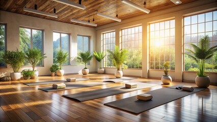 Fototapeta premium Serenene yoga studio filled with natural light, empty mats and props await, evoking feelings of tranquility, self-care and mental wellness in a peaceful atmosphere.
