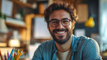 Fototapeta premium document management, Bright and inviting workspace featuring a smiling man, colorful pencils, and light tones, creating a calm atmosphere