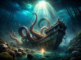 Obraz premium Mysterious glowing tentacles emerge from dark ocean depths, coiling around a worn wooden shipwreck, evoking a legendary