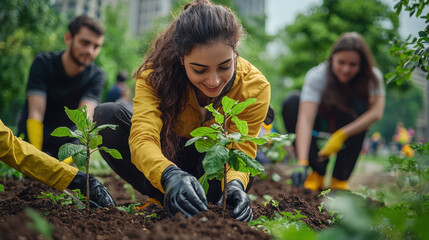 Corporate Social Responsibility,  Business professionals engaging in a team-building activity by planting trees in a city park, surrounded by vibrant nature, symbolizing