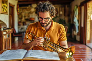 Musician practicing trumpet indoors, focused on sheet music in a cozy, rustic setting