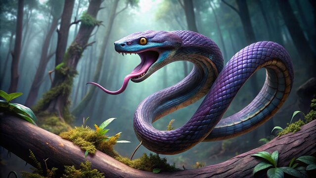 Mysterious purple serpent coils around a decaying tree branch in a dark, misty forest, its forked tongue darting