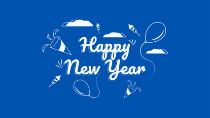 Minimal Doodle Happy New Year Greeting in Blue