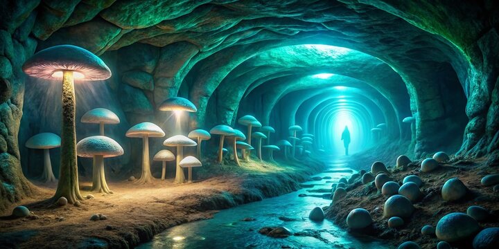 Mysterious underground cave tunnel with ancient stone walls, dimly lit by soft blue-green luminescent mushrooms,