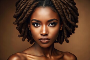 Natural beauty shines through on a confident woman with luscious, tightly coiled 4c hair, adorned with subtle cornrows