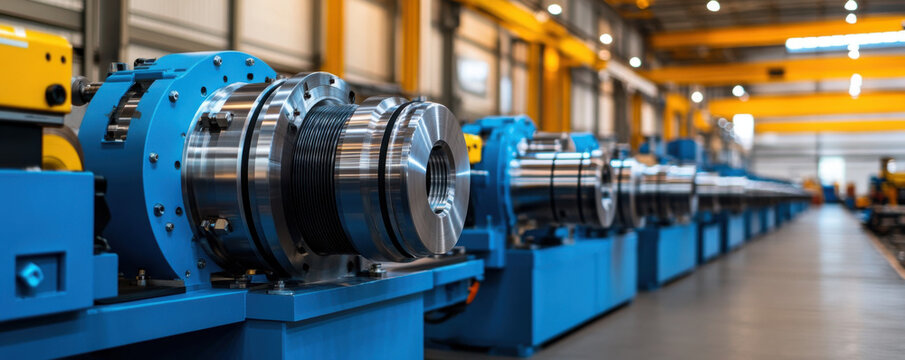 Detailed view of precision industrial machinery in a factory, showcasing metal components and high-tech engineering in a production setting.