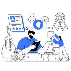 Man holding a tablet beside various icons representing teamwork, goal achievement, and personal growth. Ideal for workplace collaboration, professional development, goal setting, employee reviews