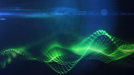 A green, glowing particle wave forms a dynamic curve, suggesting energy, sound, or data visualization on a dark background © Bolbik