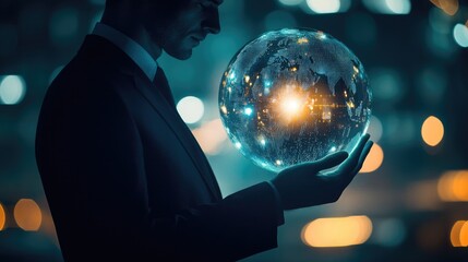 business icons on glowing globe , black setting (close up, focus on, copy space) dazzling and lively tones Double exposure silhouette with glowing ball 