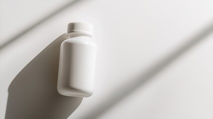 Studio photo focusing on a white dietary bottle held at an angle, soft shadows and crisp highlights, isolated on white