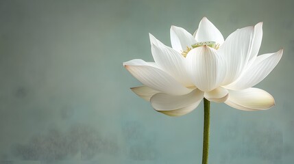 A white lotus flower in full bloom, featuring delicate petals and a single stem against a pale green background, evoking minimalist botanical tranquility.