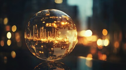 Fototapeta premium business icons on glowing globe , black setting (close up, focus on, copy space) dazzling and lively tones Double exposure silhouette with glowing bal