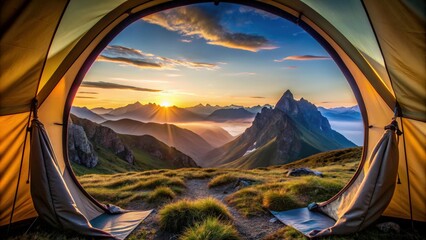 View from inside a tent of stunning mountain landscape at dawn, mountains, tent, camping, outdoor, adventure, nature