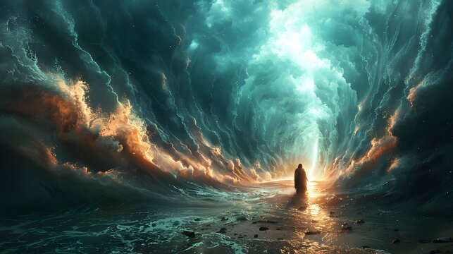 Visualize the epic crossing of the Red Sea, with Moses leading the Israelites through the majestic walls of water, the scene bathed in divine light from above,