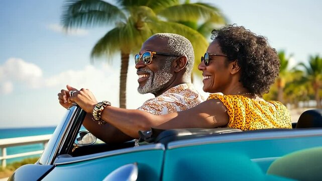Black Couple Enjoying a Sunny Ride in a Convertible Along a Coastal Road Generative AI