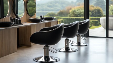 Three salon chairs with a view of a lush garden.