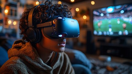 Create an image of an Asian teen in a brightly lit living room, fully immersed in a VR-enabled football game, surrounded by virtual players
