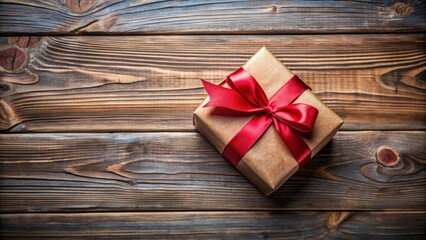 Naklejka premium A beautifully wrapped gift box with a bow on a rustic wooden background , present, surprise, celebration