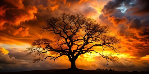Ominous black tree silhouette looms against a fiery orange sunset, its twisted branches like skeletal fingers reaching