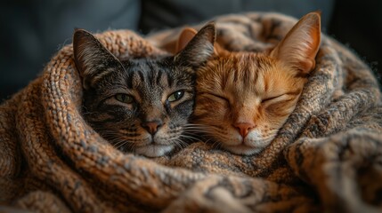 Naklejka premium Cozy Cats Snuggling Under a Warm Blanket