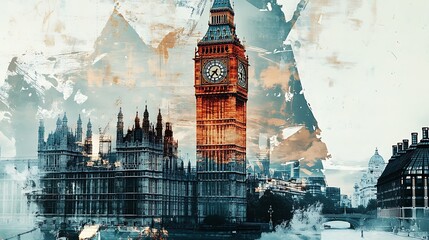 A stylized depiction of the iconic Big Ben and the Houses of Parliament in London, emphasizing architectural beauty.