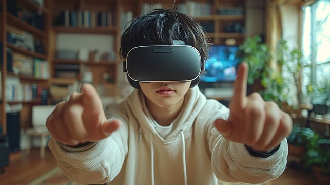 Show an Asian teen performing action-packed movements in his living room while playing a virtual boxing game with a VR headset