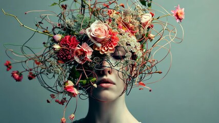 Creative floral headpiece design showcases intricate artistry in a surreal fashion setting - Powered by Adobe