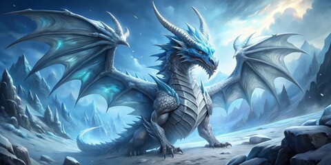 Majestic ice dragon with piercing blue eyes, frost-covered scales, and massive wings spread wide. © Caitlin