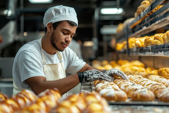 Young man with intellectual disabilities working in a bakery arranging fresh pastries during a daytime shift