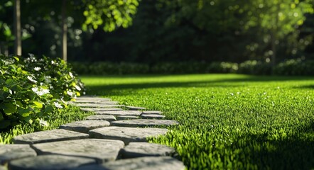 Obraz premium In the backyard, a rose and lavender flower bed and marble tile path are surrounded by a green lawn.